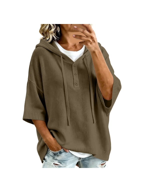 Women's Sweater, Hooded 3/4 Sleeve Button Front with Drawstring and Ribbed Trim, Loose Knit Casual Fall Winter Daily Wear for Women