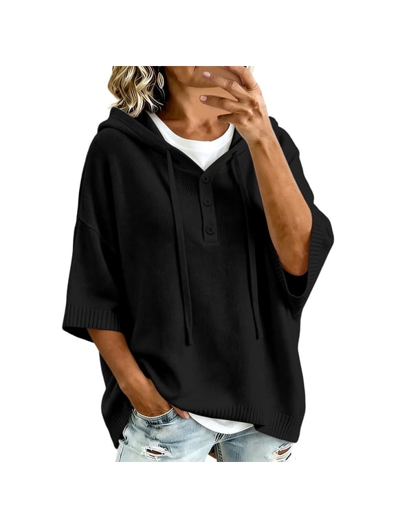 Women's Sweater, Hooded 3/4 Sleeve Button Front with Drawstring and Ribbed Trim, Loose Knit Casual Fall Winter Daily Wear for Women