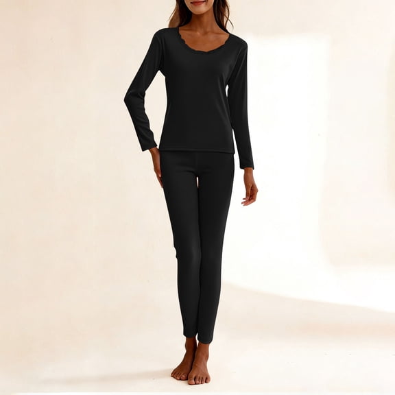 Caywon Women's Thermal Sleepwear Set Thin Fleece Lined Slim Fit Long Johns with Built-in Bra Pads Warm Sleepwear for Winter Cold Weather