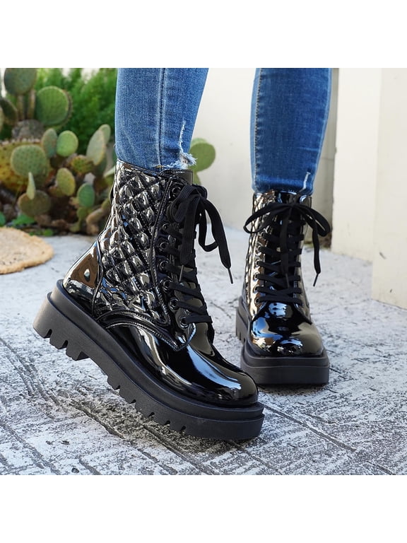 Women's Thick Sole Ankle Boots Patent Leather Quilted Lace Up Chunky Sole Military Booties Round Toe Fashion Goth Punk Fall Winter Botines Mujer