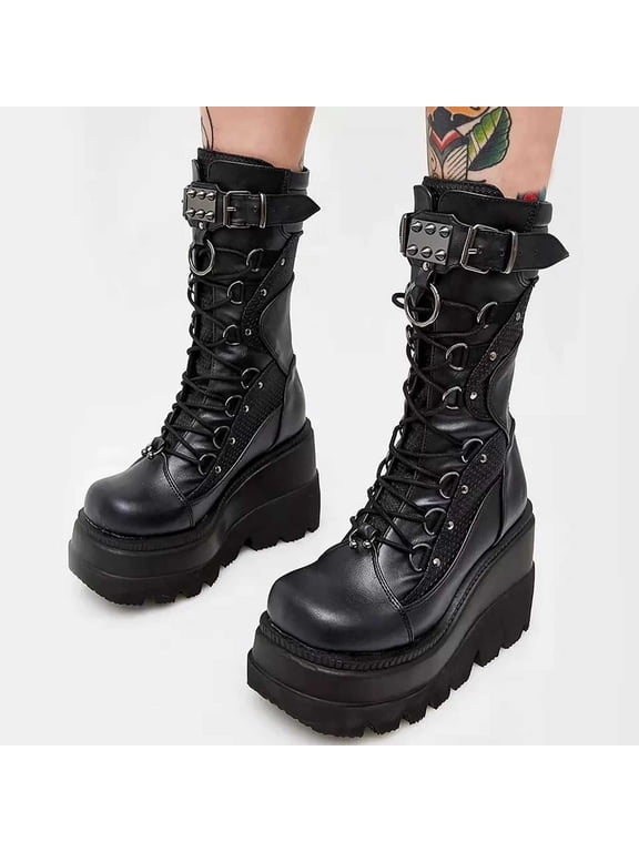 Women's Thick Sole Ankle Boots Round Toe Lace Up Buckle Strap Chunky Heel Military Booties Goth Punk Fashion Fall Winter Casual Botines Mujer