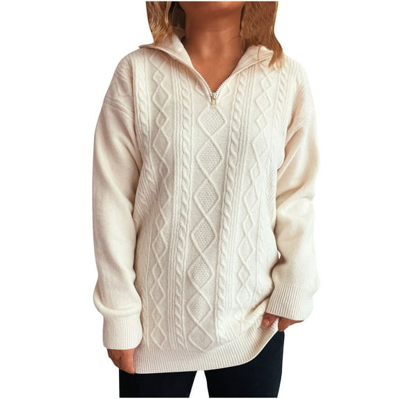 Caywon Women's Turn-Down Sweater Collar Long Sleeve Solid Color Zip-Up Knit V-Neck Style for Spring Autumn Layering Daily Casual Outings Warm Comfortable Fit