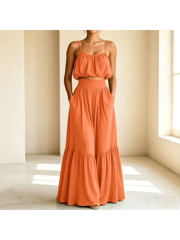 Women's Two-Piece Outfit Set with Ruched Cami Top and Tiered Maxi Skirt, Loose Cut Vacation Ensemble for Beach Travel and Resort