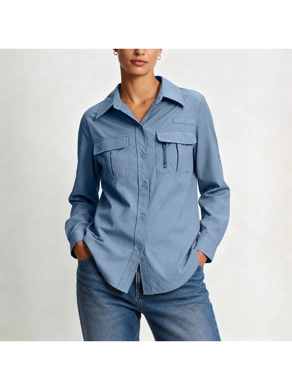 Women's UPF50 Long Sleeve Sun Protection Shirt, Button Down Collared Outdoor Top with Zipper Pockets, Quick Dry Hiking Fishing Shirt for Travel and Casual Wear