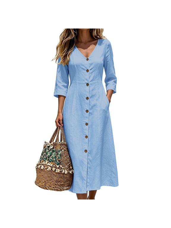 Women's V-Neck Midi Dress, 3/4 Sleeve Button Down Casual Shirt Dress, Side Pockets Cotton Linen Blend Relaxed Fit Tunic for Vacation, Work & Everyday Wear
