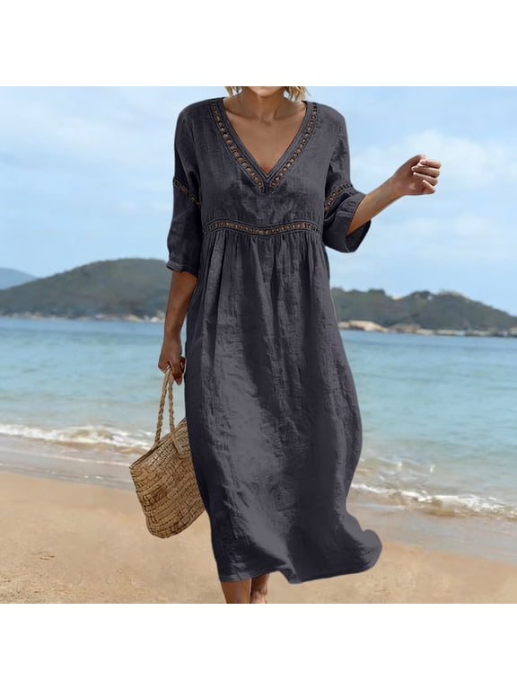 Women's V-Neck Midi Dress, 3/4 Sleeve Cotton Linen Shift Dress with Eyelet Trim, Relaxed Fit High Waist Summer Beach Dress for Vacation and Casual Wear