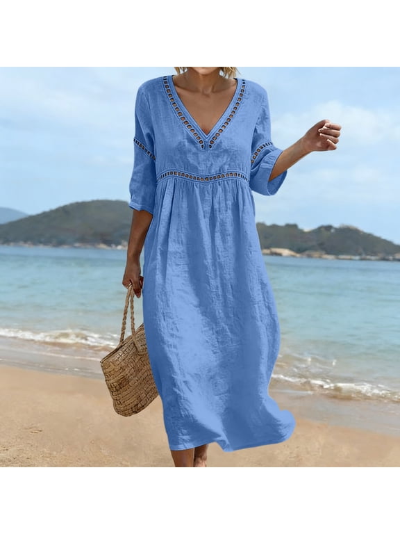 Women's V-Neck Midi Dress, 3/4 Sleeve Cotton Linen Shift Dress with Crochet Trim, Relaxed Fit Summer Beach Dress for Vacation and Casual Wear