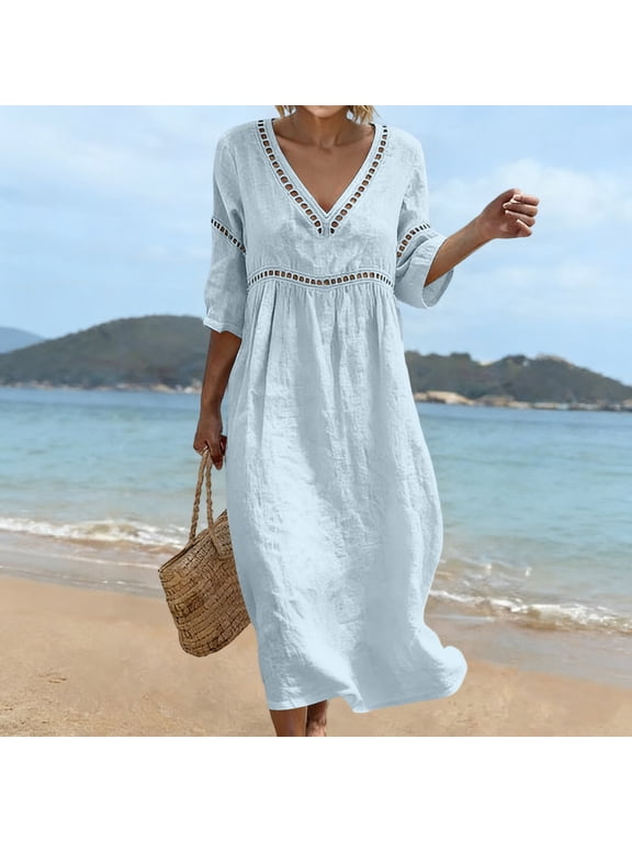 Women's V-Neck Midi Dress, 3/4 Sleeve Cotton Linen Shift Dress with Crochet Trim, Relaxed Fit Summer Beach Dress for Vacation and Casual Wear