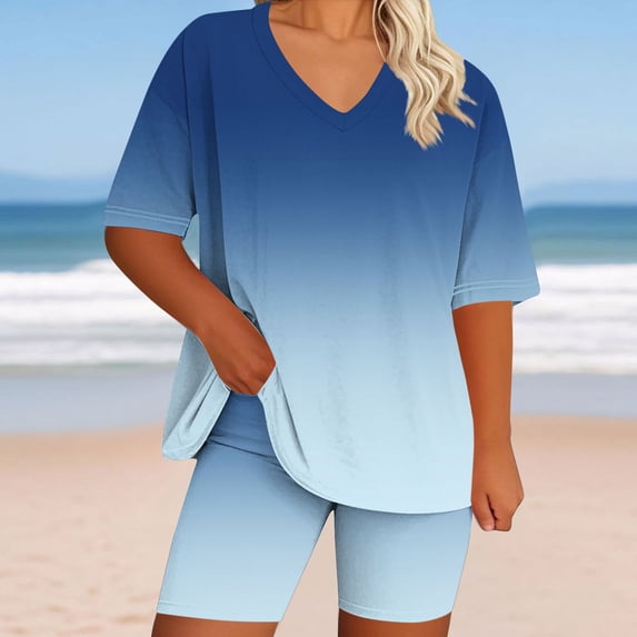Caywon Women's V-Neck Short Sleeve T-Shirt and Shorts Two Piece Loungewear Set with Relaxed Oversized Fit for Home and Summer Casual Wear
