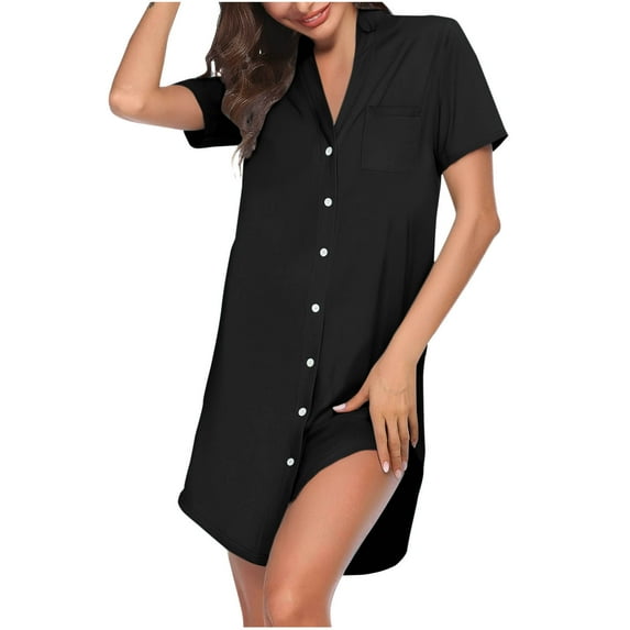 Caywon Women's V Neck Solid Color Short Sleeve Button Front Sleep Dress with Pocket Side Split Casual Loose Nightgown for Ladies Home Daily Night Wear