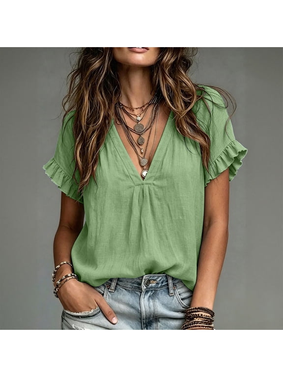Women's V-Neck Top, Short Flutter Sleeve Cotton Linen Blend Blouse, Center Pleated Front Relaxed Fit Shirt for Vacation, Beach, and Casual Daily Wear
