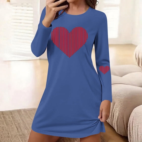 Caywon Women's Valentine's Day Heart Print Long Sleeve Crew Neck Loose Short Sleep Dress Soft Festive Casual Nightgown Homewear for Ladies Holiday Wear
