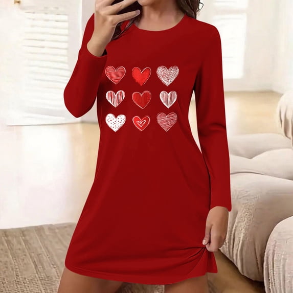 Caywon Women's Valentine's Day Heart Printed Long Sleeve Nightgown,Crew Neck Loose Short Sleep Dress Soft Breathable Sleepwear