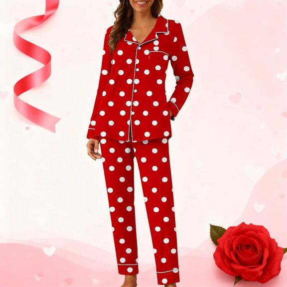 Caywon Women's Valentine's Day Printed Pajama Set with Pockets, 1 Top   1 Pants Long Sleeve Collared Homewear Set Casual Comfortable Sleepwear Outfit