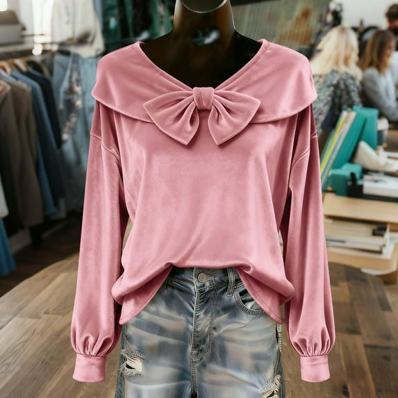 Caywon Women's Valentine's Day Solid Color Sweet Velvet Bow Long Sleeve Top,Soft Luxurious Fabric Fashionable Crew Neck Blouse Comfortable Daily Wear