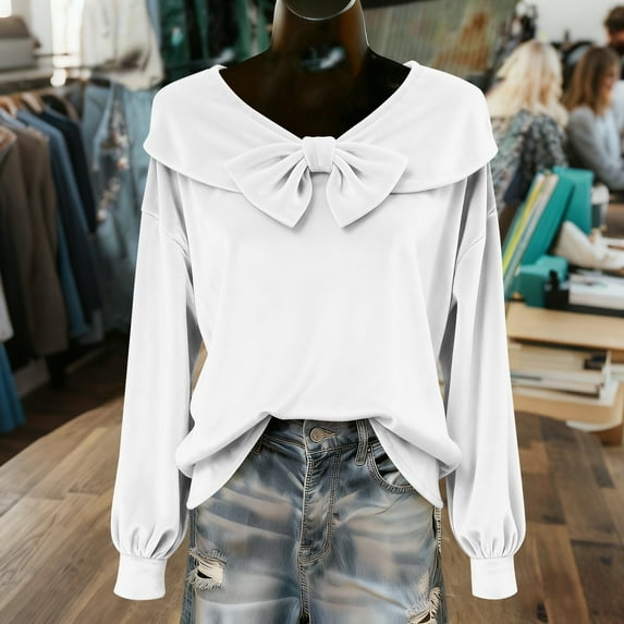 Caywon Women's Valentine's Day Solid Color Sweet Velvet Bow Long Sleeve Top,Soft Luxurious Fabric Fashionable Crew Neck Blouse Comfortable Daily Wear