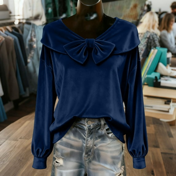 Caywon Women's Valentine's Day Solid Color Sweet Velvet Bow Long Sleeve Top,Soft Luxurious Fabric Fashionable Crew Neck Blouse Comfortable Daily Wear
