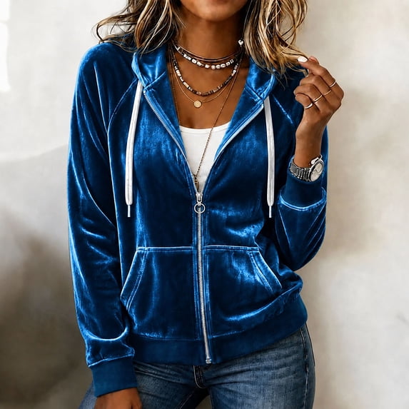 Caywon Women's Velvet Zip Up Hoodie Long Sleeve Drawstring Hooded Jacket with Pockets Stretch Velour Casual Sweatshirt