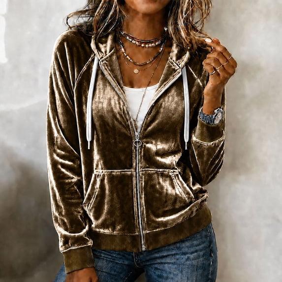 Caywon Women's Velvet Zip Up Hoodie Long Sleeve Drawstring Hooded Jacket with Pockets Stretch Velour Casual Sweatshirt
