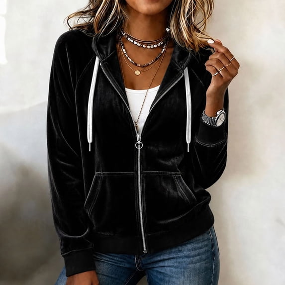 Caywon Women's Velvet Zip Up Hoodie Long Sleeve Drawstring Hooded Jacket with Pockets Stretch Velour Casual Sweatshirt