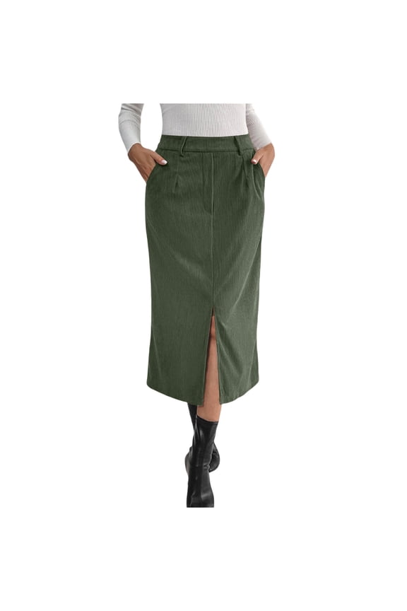 Women's Vintage Corduroy Midi Skirt Elegant Split Hem Commute Skirt Warm Casual A-Line Skirt for Fall Winter Daily Wear