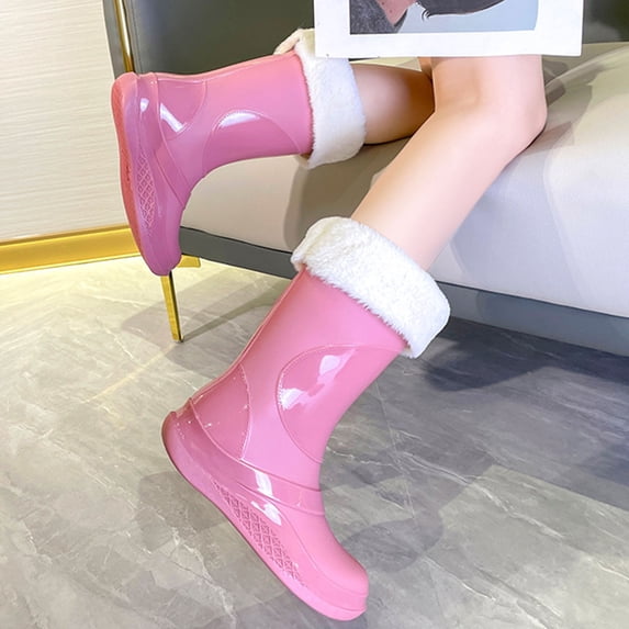 Caywon Women's Warm Short Rain Boots Waterproof Slip Women's Fashionable And Casual Mid Tube Fleece Warm Waterproof and Work Rubber Shoes
