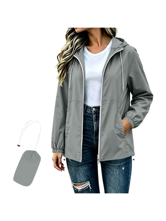 Women's Waterproof Hooded Zip-Up Jacket with DBasestring and Pockets, Lightweight Nylon Windbreaker Coat for Outdoor Travel Hiking and Everyday Wear