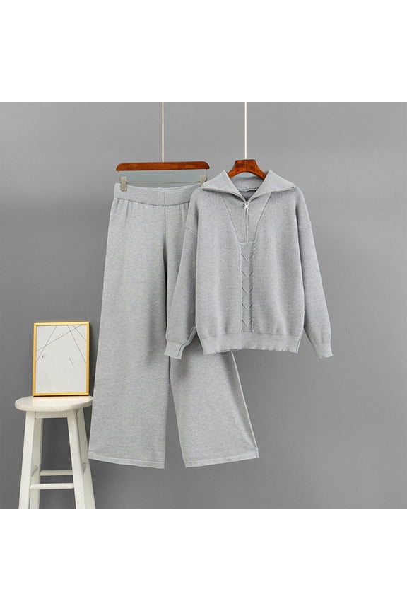 Women's Winter 2-Piece Set Solid Color Long Sleeve V-neck Zip-up Top Wide Leg Pants Warm Comfortable Fit Loose Design for Daily Casual Outdoor Activities