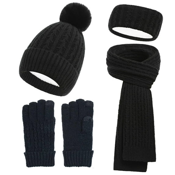 Caywon Women's Winter Double Layer Fleece Lined Thickened Warm Wool Hat Scarf Gloves Four Piece Set Clothing Matching Set Coordinated Design