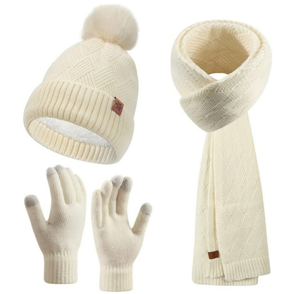 Caywon Women's Winter Double Layer Fleece Lined Thickened Warm Wool Hat Scarf Gloves Three Piece Set Clothing Matching Set Coordinated Design