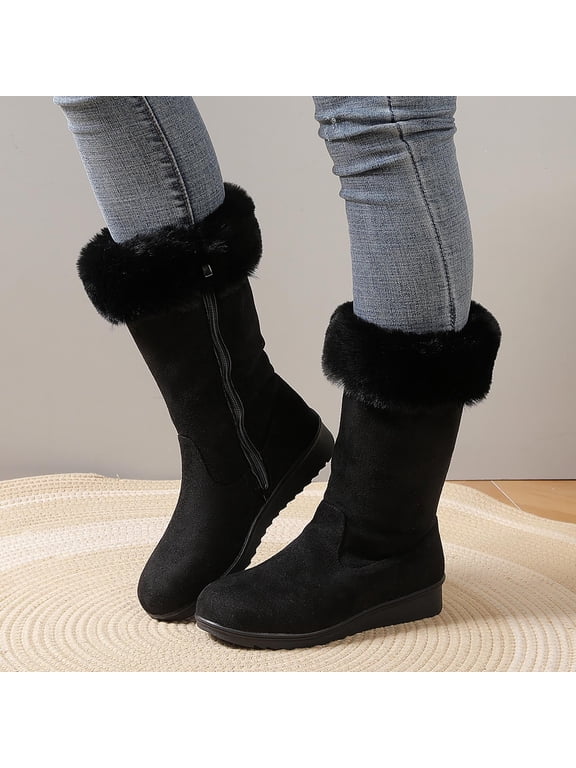 Women's Winter Snow Boots Round Toe Thick Sole Faux Collar Faux Suede Warm Mid Calf Booties Soft Comfy Cold Weather Casual Daily Botines Mujer