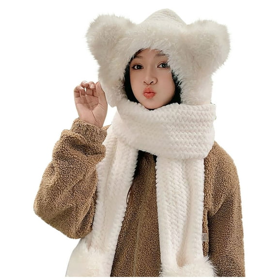 Caywon Women's Winter Solid Color Hat and Scarf Set Warm Cold Proof Neck Gaiter Ear Protection Hat 2 in 1 Design Saves Matching Time