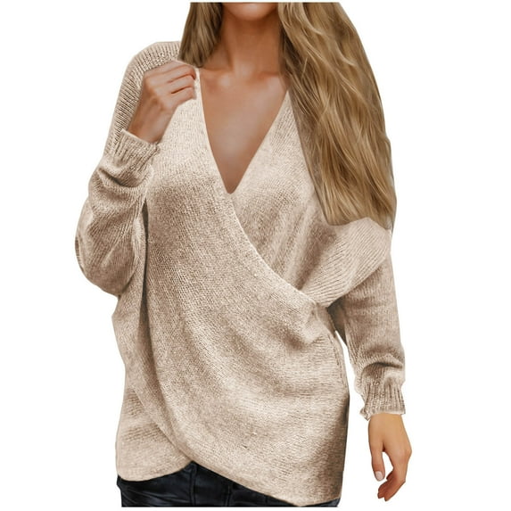 Caywon Women's Winter Sweater Solid Color V-Neck Long Sleeve Knit Sweater Crosses Front Loose Top V-Neck Sweater for Winter Daily Wear