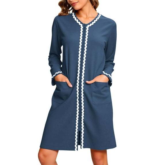 Caywon Women's Zip-Up Long Robe Homewear Knit Bathrobe with Pockets Long Nightgown Length Nightgown Soft for Cozy Lounging