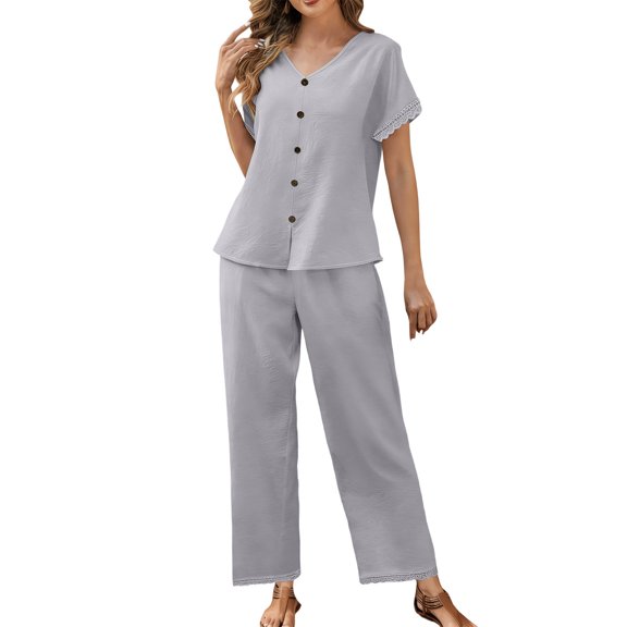 Caywon Womens 2 Piece Button Front Short Sleeve Top Wide Leg Pants Set Elastic Waist Loungewear Breathable Wrinkle-Free Casual Loose Fit Conjunto de Ropa para Mujer