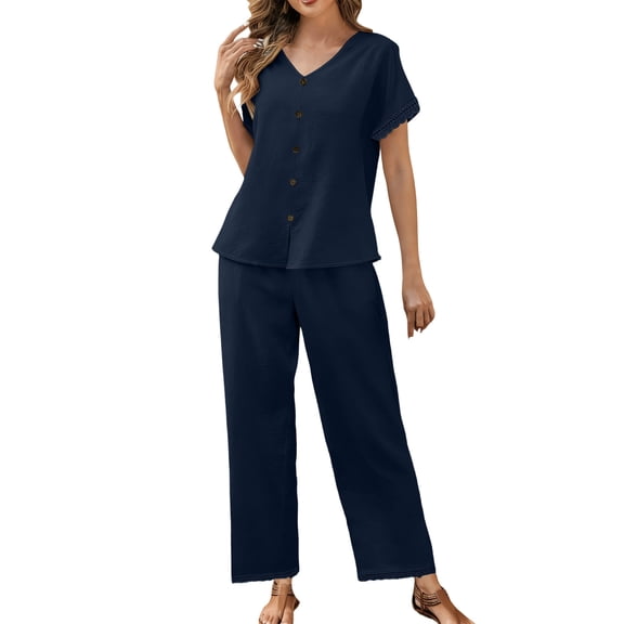 Caywon Womens 2 Piece Button Front Short Sleeve Top Wide Leg Pants Set Elastic Waist Loungewear Breathable Wrinkle-Free Casual Loose Fit Conjunto de Ropa para Mujer