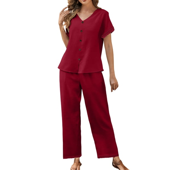 Caywon Womens 2 Piece Button Front Short Sleeve Top Wide Leg Pants Set Elastic Waist Loungewear Breathable Wrinkle-Free Casual Loose Fit Conjunto de Ropa para Mujer