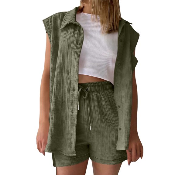 Caywon Womens 2 Piece Button-Front Sleeveless Top Drawstring Shorts Set Casual Loungewear Breathable Wrinkle-Free Loose Fit Elastic Waist Conjunto de Ropa para Mujer