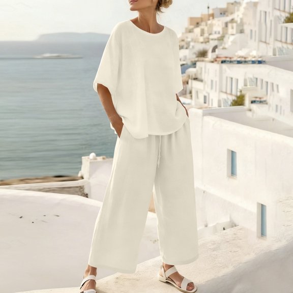 Caywon Womens 2 Piece Crew Neck Short Sleeve Top Elastic Waist Wide Leg Pants Set Casual Loungewear Breathable Wrinkle-Free Loose Fit Conjunto de Ropa para Mujer