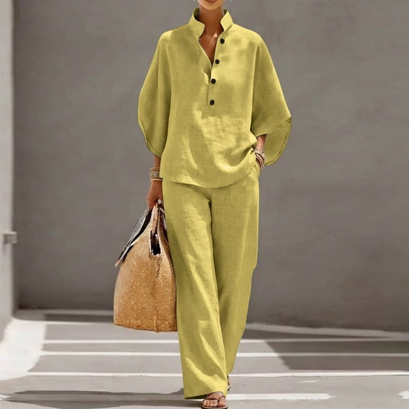Caywon Womens 2 Piece Linen Blend V-Neck Long Sleeve Top Elastic Waist Wide Leg Pants Set Casual Loungewear Breathable Wrinkle-Free Loose Fit Conjunto de Ropa para Mujer