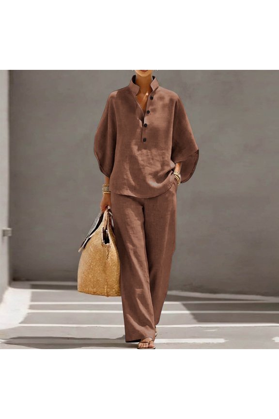 Womens 2 Piece Linen Blend V-Neck Long Sleeve Top Elastic Waist Wide Leg Pants Set Casual Loungewear Breathable Wrinkle-Free Loose Fit Conjunto de Ropa para Mujer