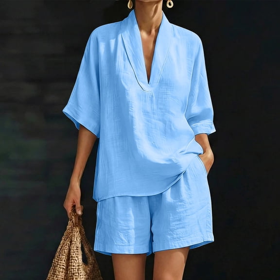 Caywon Womens 2 Piece Notch Neck Top Shorts Set Half Sleeve Elastic Waist Loungewear Breathable Wrinkle-Free Casual Loose Fit Conjunto de Ropa para Mujer