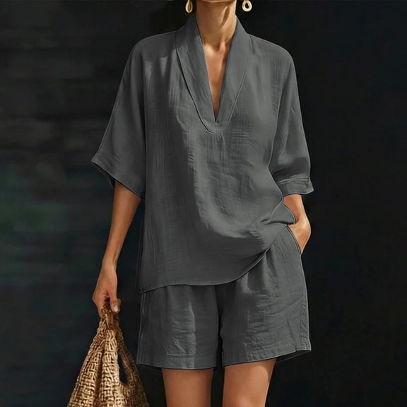 Caywon Womens 2 Piece Notch Neck Top Shorts Set Half Sleeve Elastic Waist Loungewear Breathable Wrinkle-Free Casual Loose Fit Conjunto de Ropa para Mujer