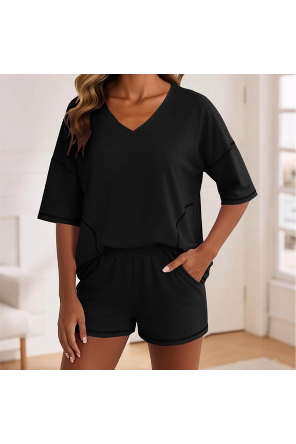 Womens 2 Piece Round Neck 3/4 Sleeve Top Elastic Waist Shorts Set Loungewear Breathable Wrinkle-Free Casual Loose Fit Conjunto de Ropa para Mujer