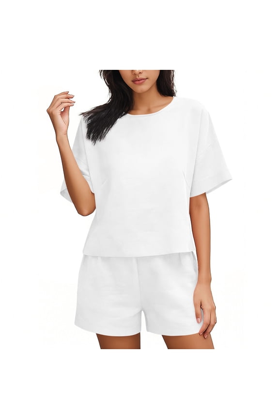 Womens 2 Piece Round Neck Short Sleeve Top Shorts Set Elastic Waist Loungewear Breathable Wrinkle-Free Casual Loose Fit Conjunto de Ropa para Mujer