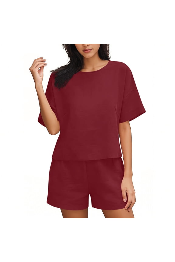 Womens 2 Piece Round Neck Short Sleeve Top Shorts Set Elastic Waist Loungewear Breathable Wrinkle-Free Casual Loose Fit Conjunto de Ropa para Mujer