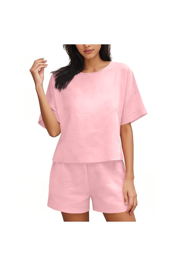 Womens 2 Piece Round Neck Short Sleeve Top Shorts Set Elastic Waist Loungewear Breathable Wrinkle-Free Casual Loose Fit Conjunto de Ropa para Mujer