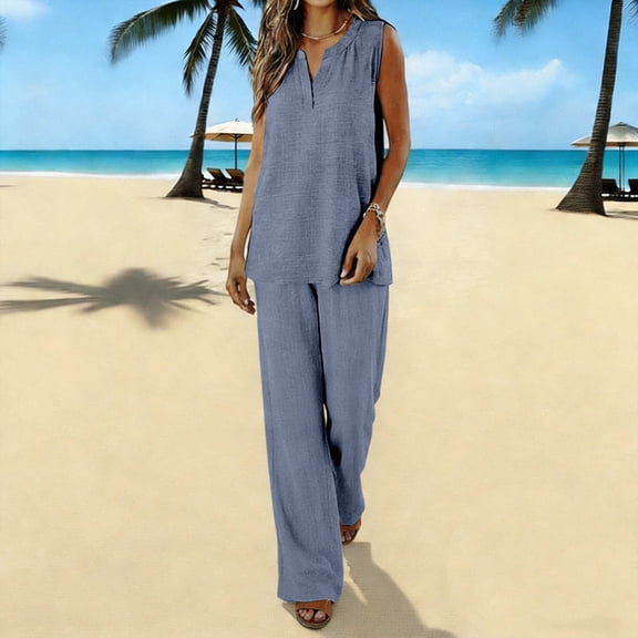 Caywon Womens 2 Piece Round Neck Tank Top Wide Leg Pants Set Sleeveless Elastic Waist Loungewear Breathable Wrinkle-Free Casual Loose Fit Conjunto de Ropa para Mujer