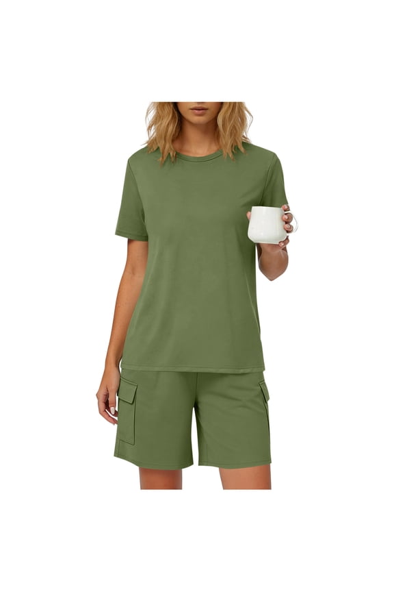 Womens 2 Piece Round Neck Top Bermuda Shorts Set Short Sleeve Elastic Waist Loungewear Breathable Wrinkle-Free Casual Loose Fit Conjunto de Ropa para Mujer