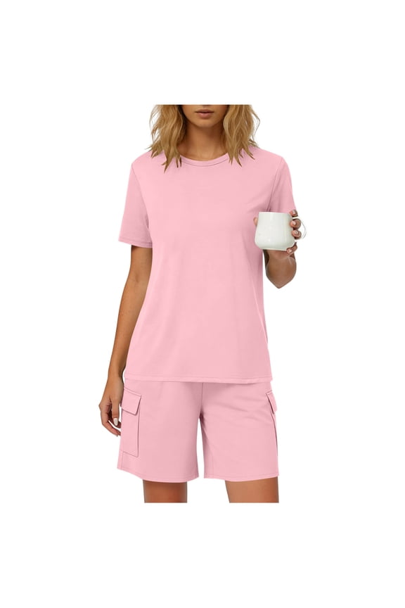 Womens 2 Piece Round Neck Top Bermuda Shorts Set Short Sleeve Elastic Waist Loungewear Breathable Wrinkle-Free Casual Loose Fit Conjunto de Ropa para Mujer